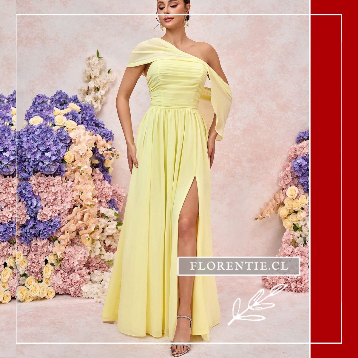 Modelo posando como dama de honor con un vestido amarillo pastel.