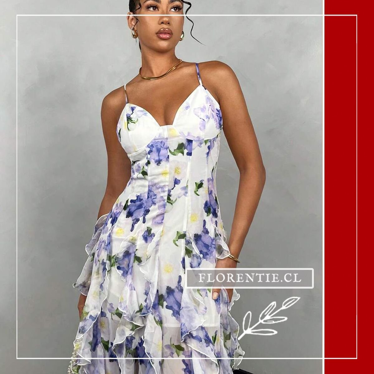 Close-up del escote corazón con copas pre-hormadas y tirantes espagueti del vestido floral en tonos morado y lila, destacando el patrón botánico en acuarela sobre base blanca.