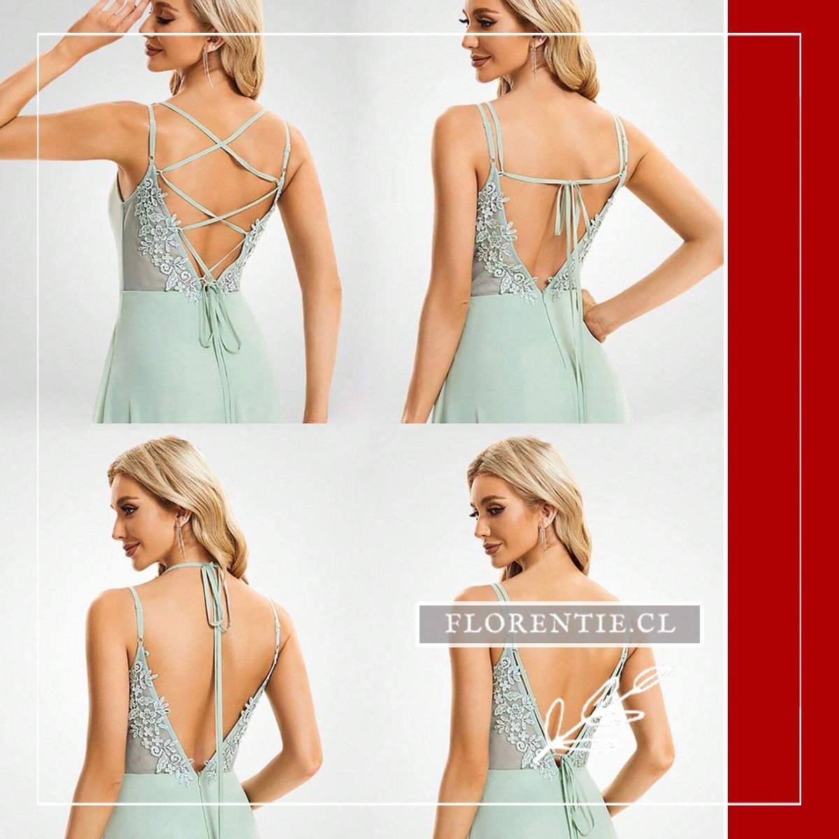 Collage de cuatro imágenes mostrando los detalles de la espalda: tul ilusión, bordados de encaje floral y cierre con lazo.