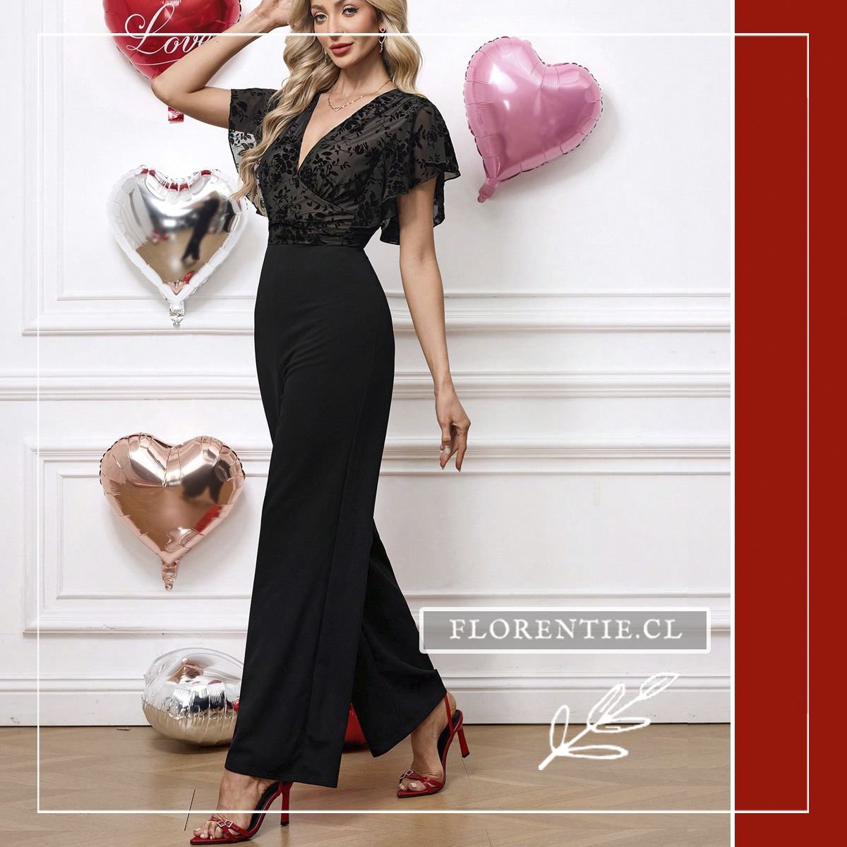 Vista lateral del enterito negro Dana con top de malla floral en terciopelo, escote en V cruzado y pantalón palazzo ancho elasticado de alto confort