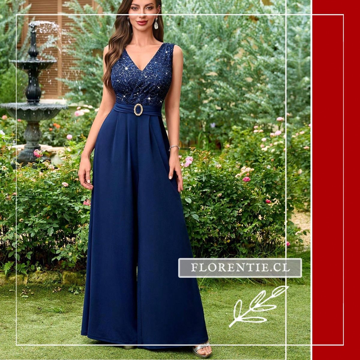 Mujer con enterito palazzo azul marino de fiesta, cuerpo superior con lentejuelas brillantes y pantalón palazzo de corte amplio