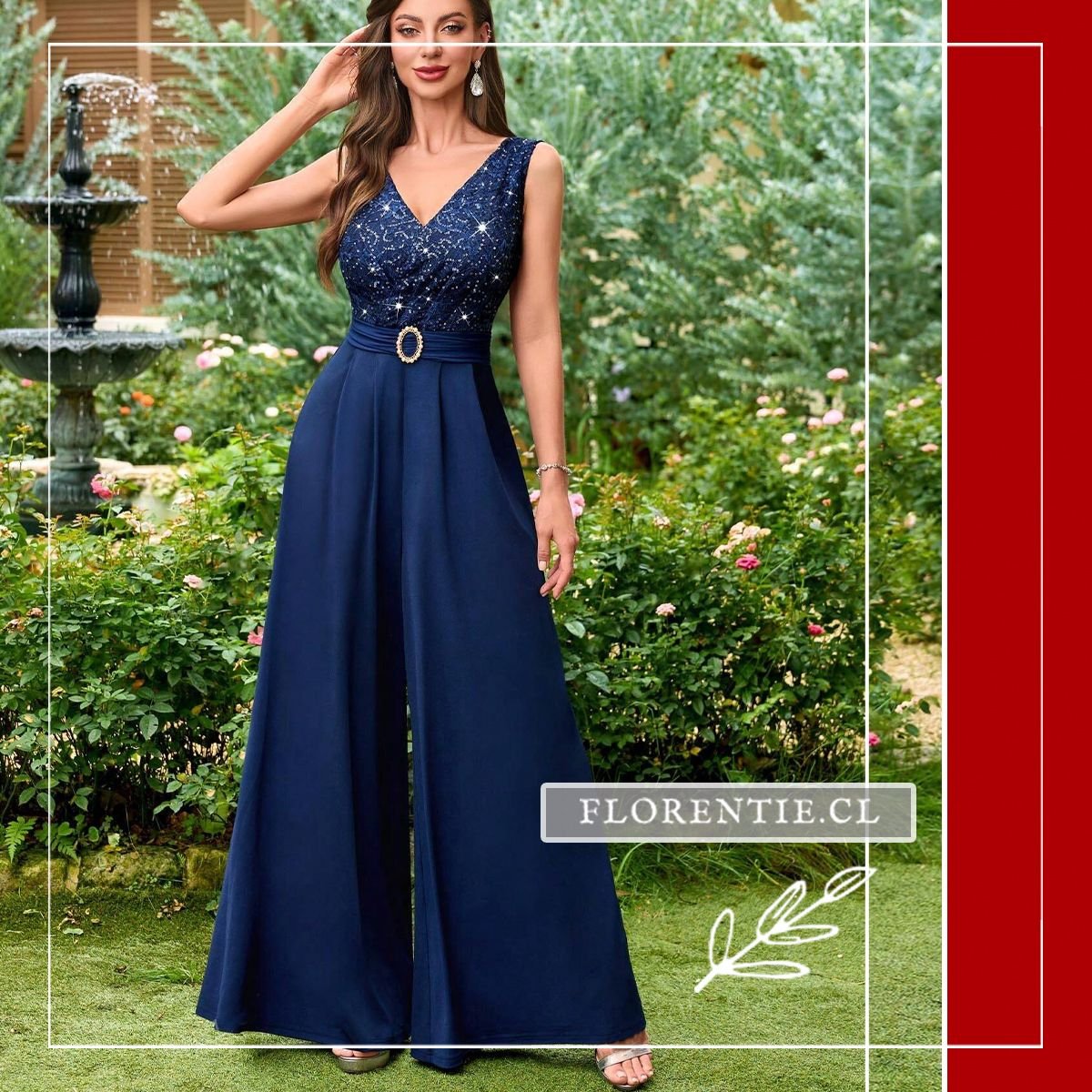 Vista completa del enterito palazzo azul marino con top de lentejuelas brillantes, escote en V y pantalón de corte palazzo extra amplio