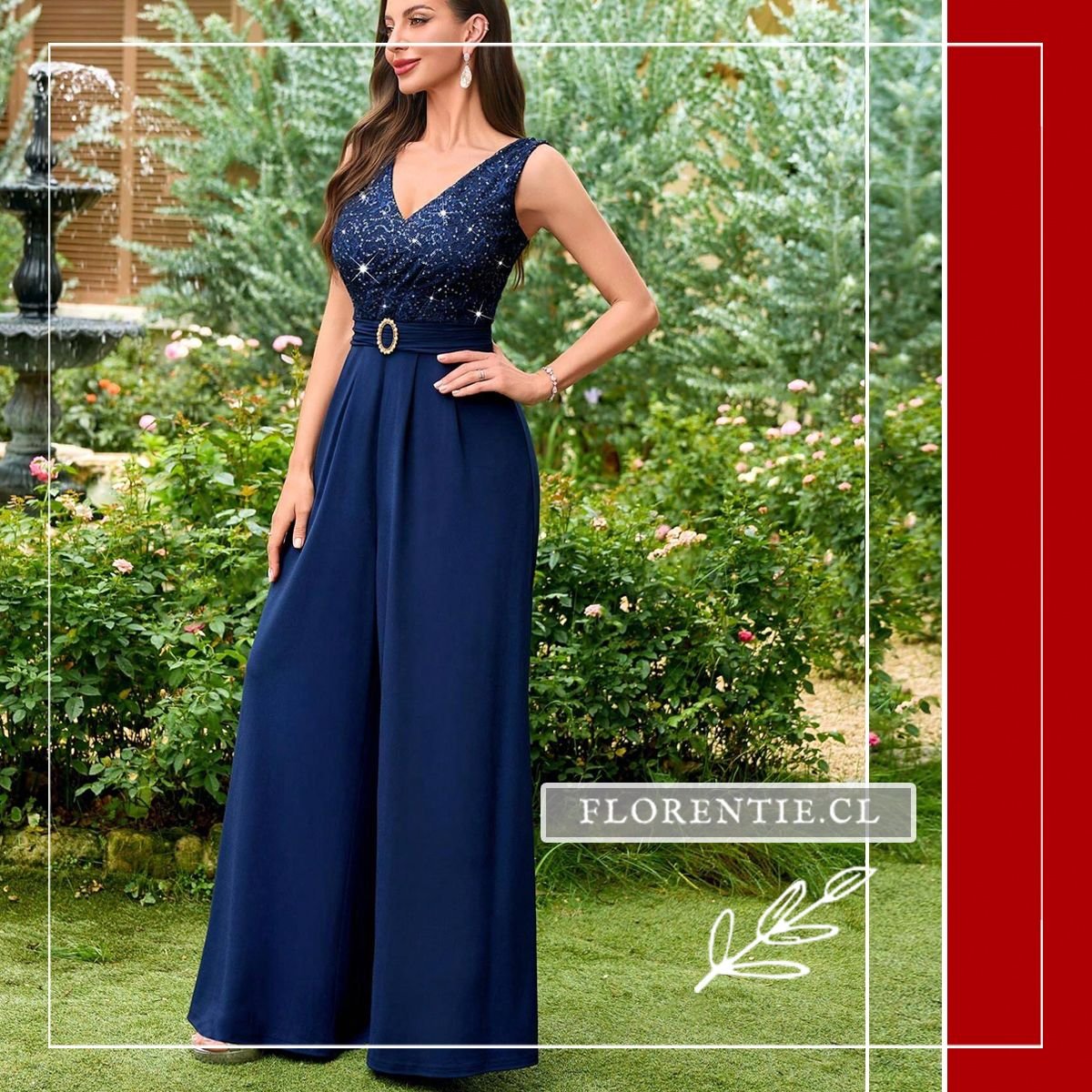 Enterito palazzo de fiesta azul marino con top de lentejuelas y pantalón wide leg satinado, modelo Rocío de Florentie