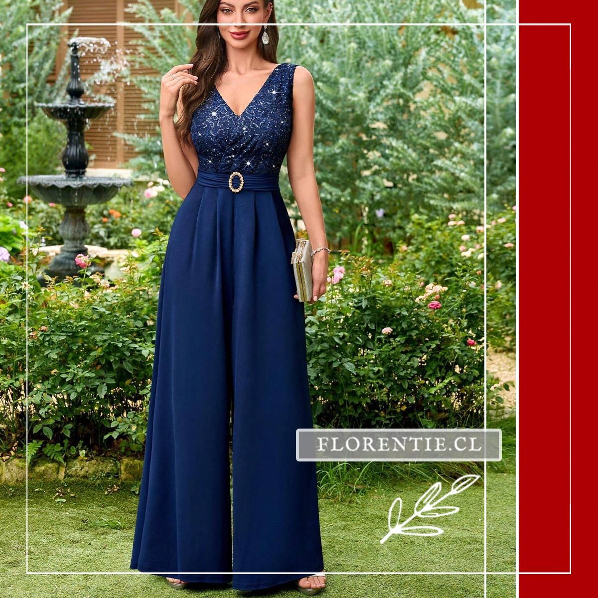 Mujer elegante con enterito palazzo azul noche, top de lentejuelas, cintura con hebilla joya y pantalón de pierna ancha satinado