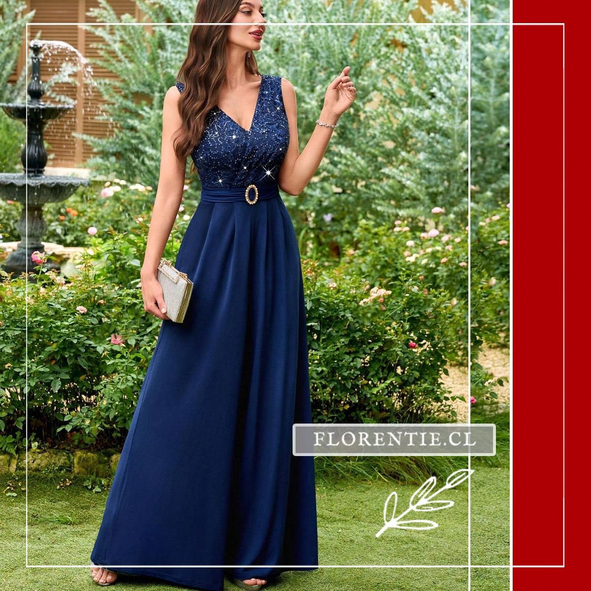 Enterito palazzo para fiesta y gala en azul marino con top de encaje y lentejuelas, pantalón palazzo wide leg y hebilla decorativa