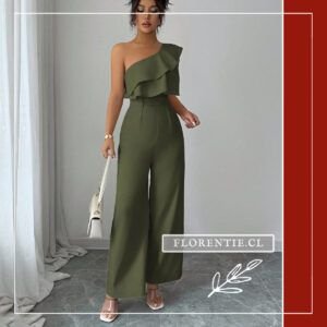 Vista frontal del jumpsuit verde militar mostrando el corte palazzo de pierna ancha con bolsillos laterales.