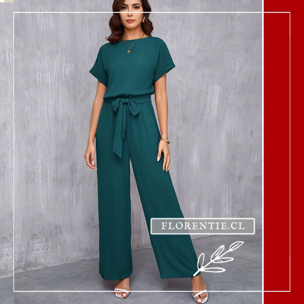 Vista frontal completa del enterito verde esmeralda suelto modelo Chelsea con mangas dolman y pantalón wide leg.