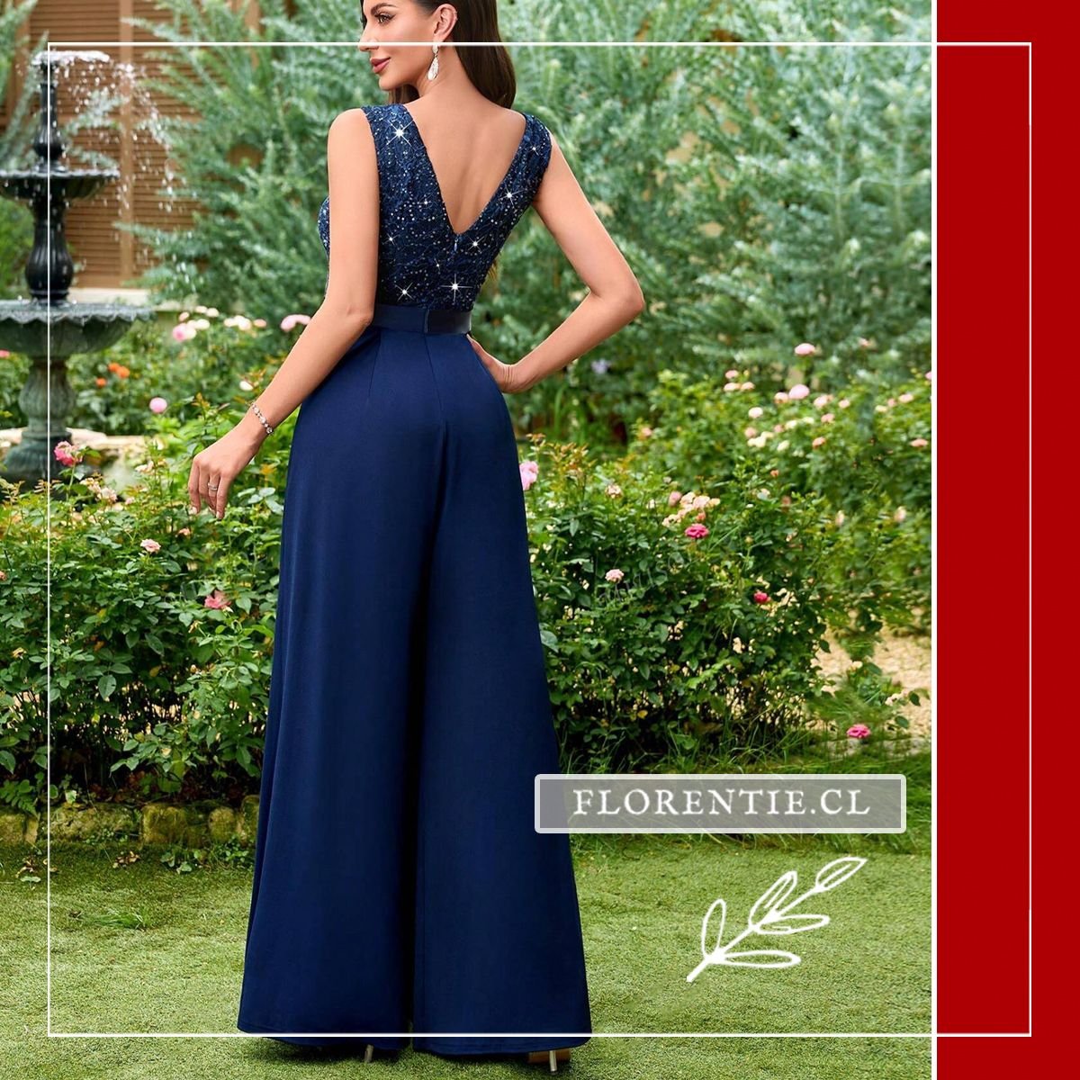 Vista trasera del enterito palazzo azul noche con escote en V en la espalda, cuerpo de lentejuelas y pantalón palazzo wide leg satinado