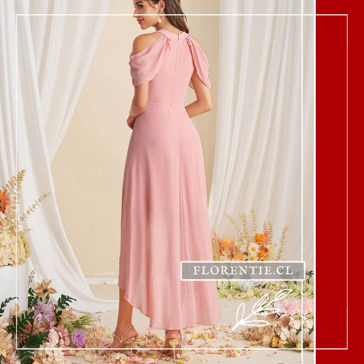 Vista trasera del vestido rosa mostrando el cierre invisible y la longitud de la falda posterior.