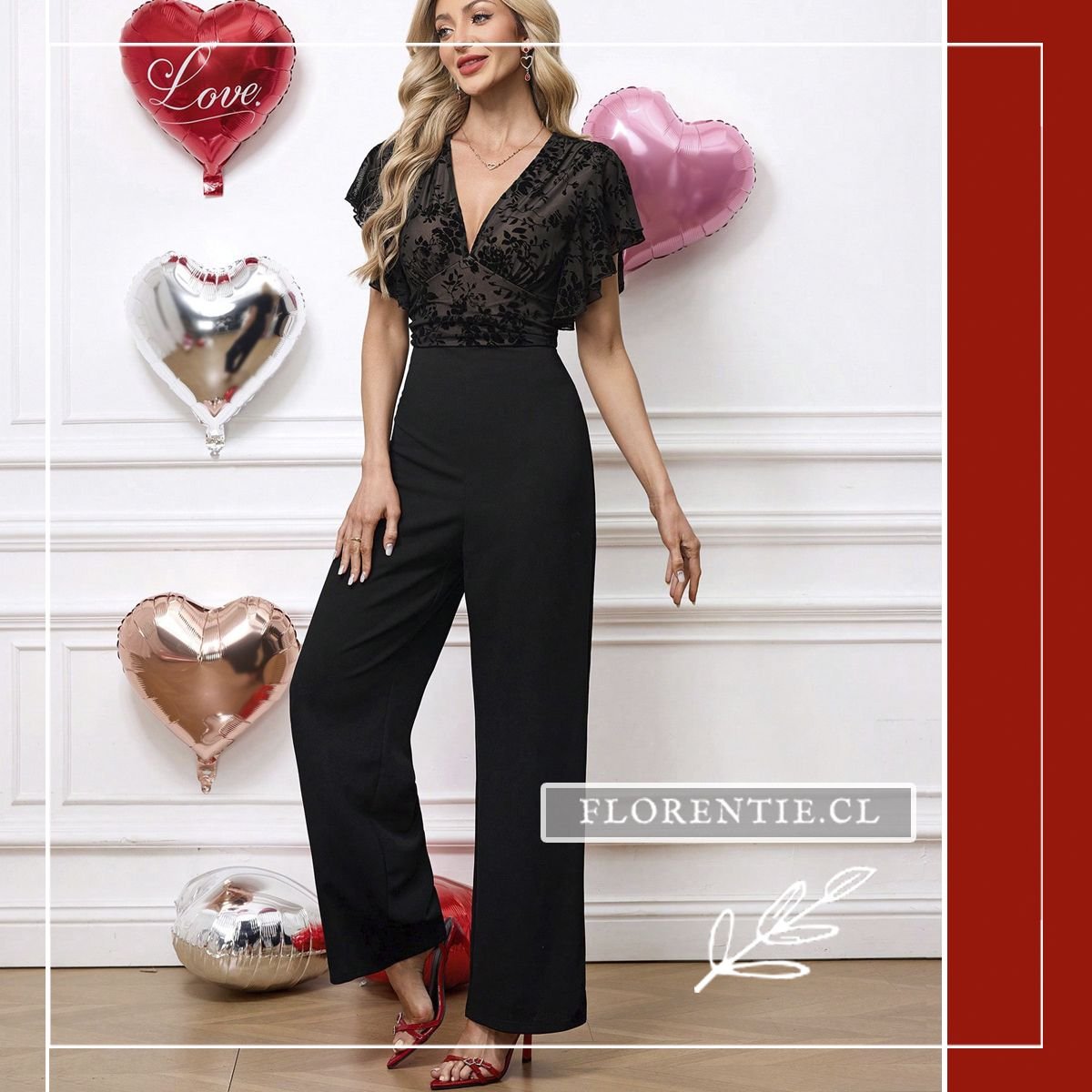 Mujer con jumpsuit negro enterito Dana de escote cruzado en V, mangas cortas con vuelo tipo mariposa y pantalón de pierna ancha liso elasticado