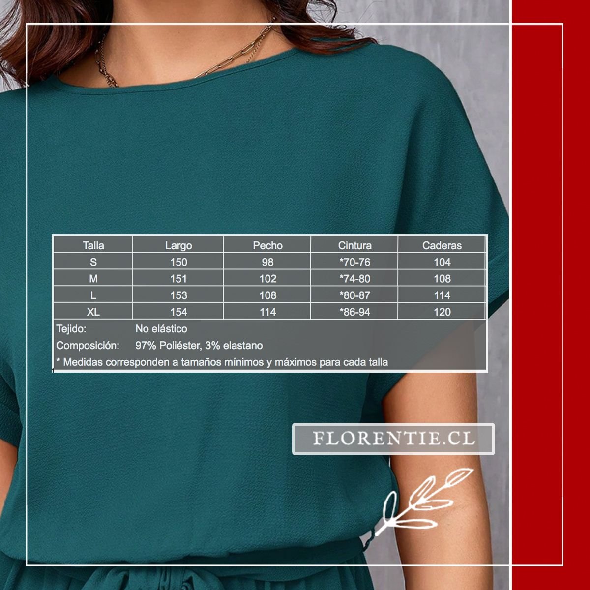 Tabla de medidas y tallas del enterito verde Chelsea con composición de tejido: 97% poliéster, 3% elastano.