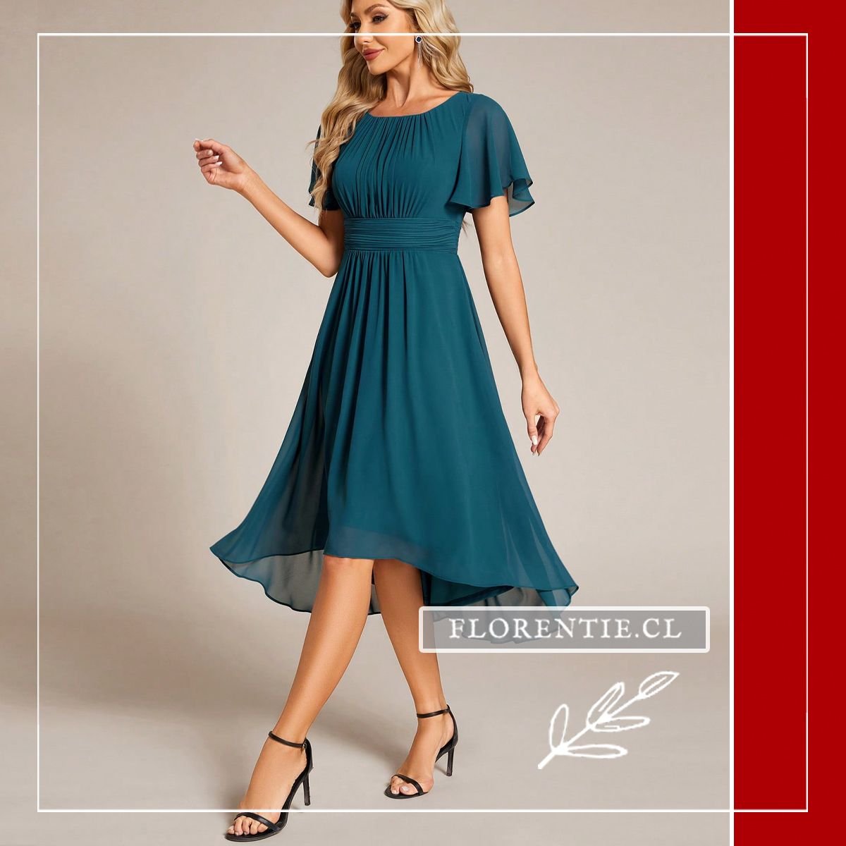 Modelo caminando mostrando el movimiento de la falda asimétrica corta adelante y larga atrás.