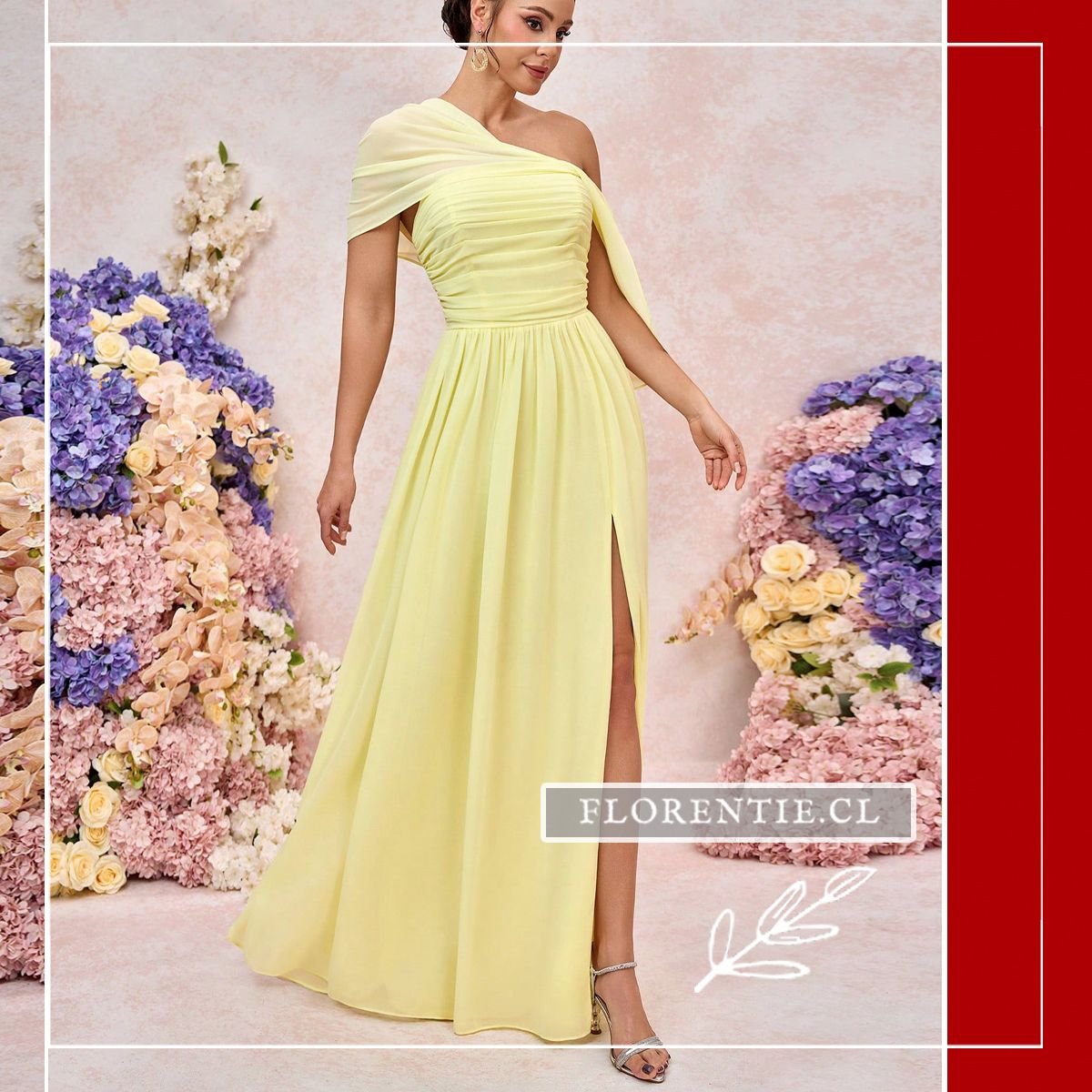 Vista de cuerpo entero del vestido tono amarillo mantequilla, ideal para bodas de día.
