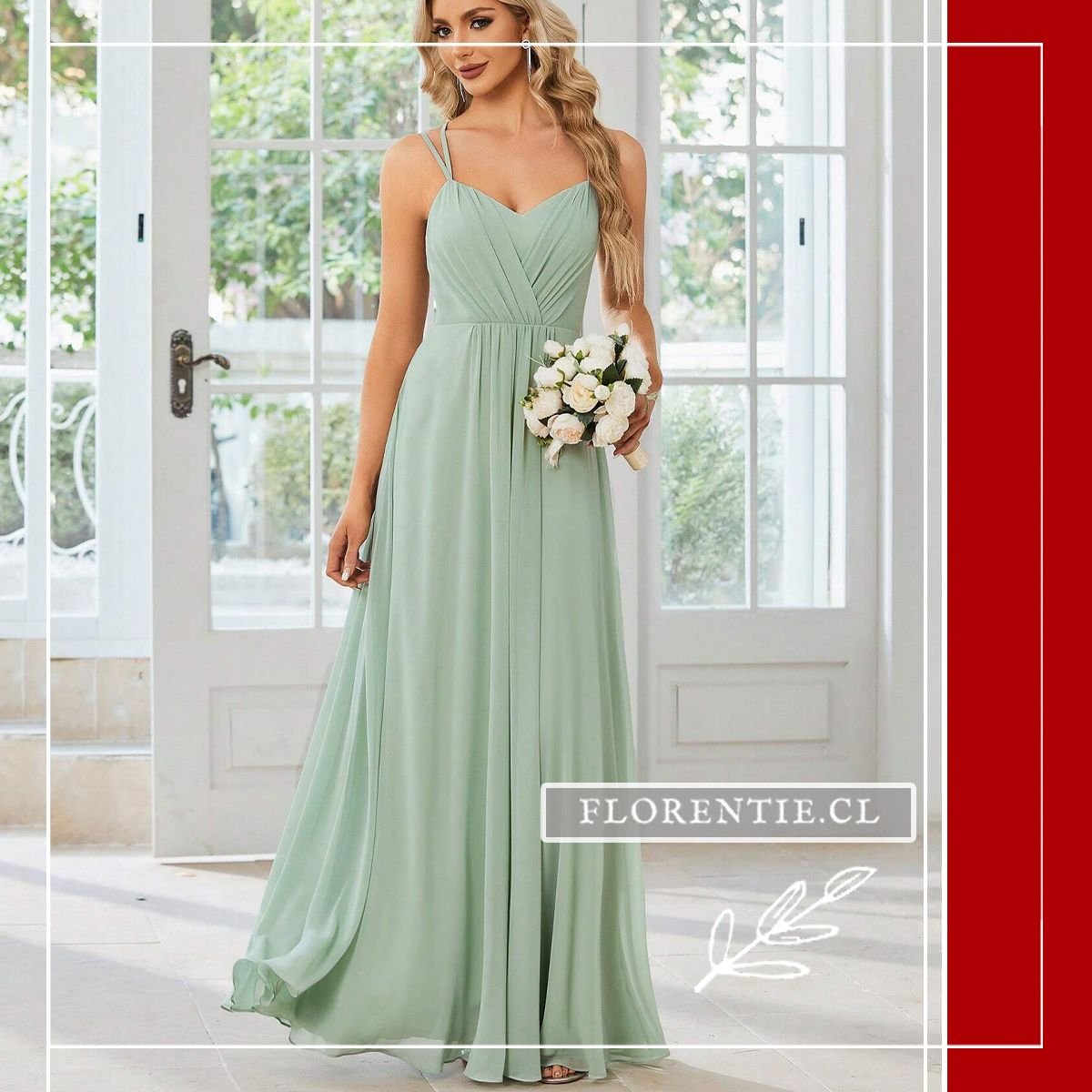 Vista de cuerpo entero del vestido corte A color mint green, destacando la caída fluida de la falda y la cintura imperio.