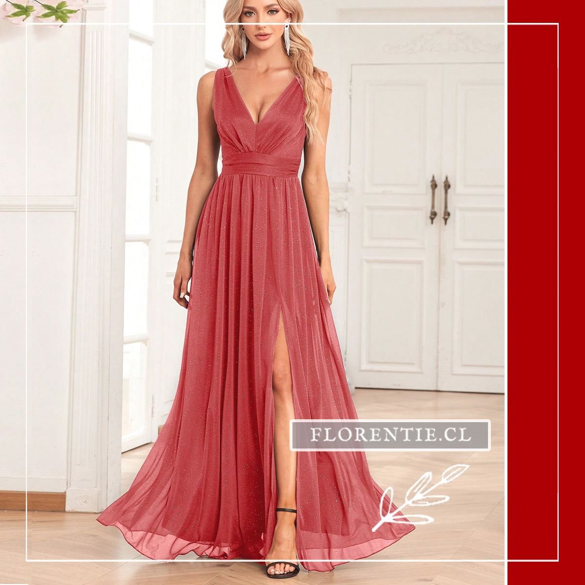Vista frontal de la modelo con el vestido rosa brillante, ideal para damas de honor en bodas de noche.