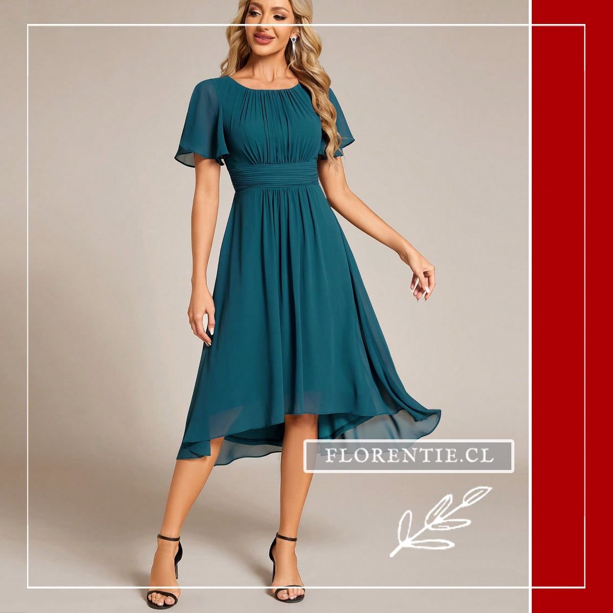 Vista de cuerpo entero del vestido verde azulado corte high-low, ideal para damas de honor.