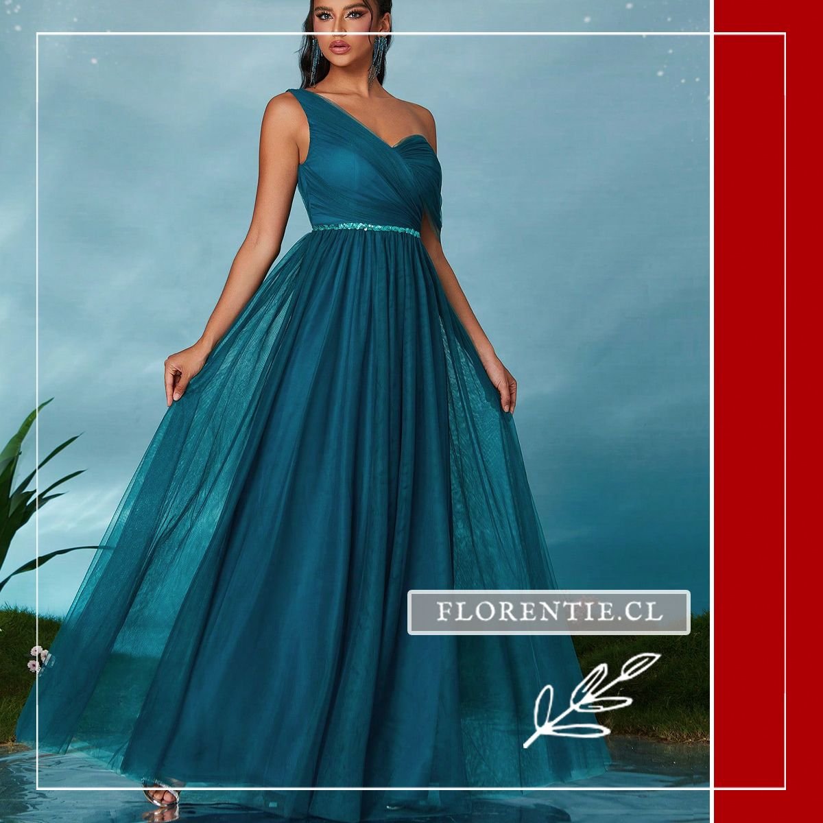 Modelo mostrando la amplitud y el movimiento de la falda de tul suave en color azul petróleo.