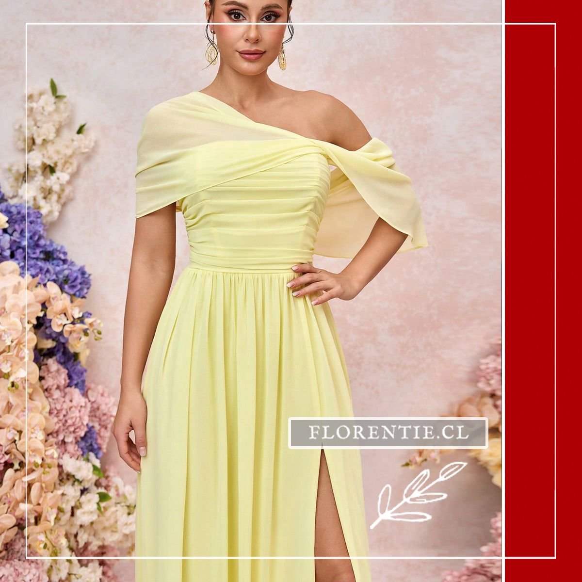 Vista frontal de la modelo luciendo el vestido amarillo pastel, destacando la elegancia del diseño asimétrico ideal para bodas de día.