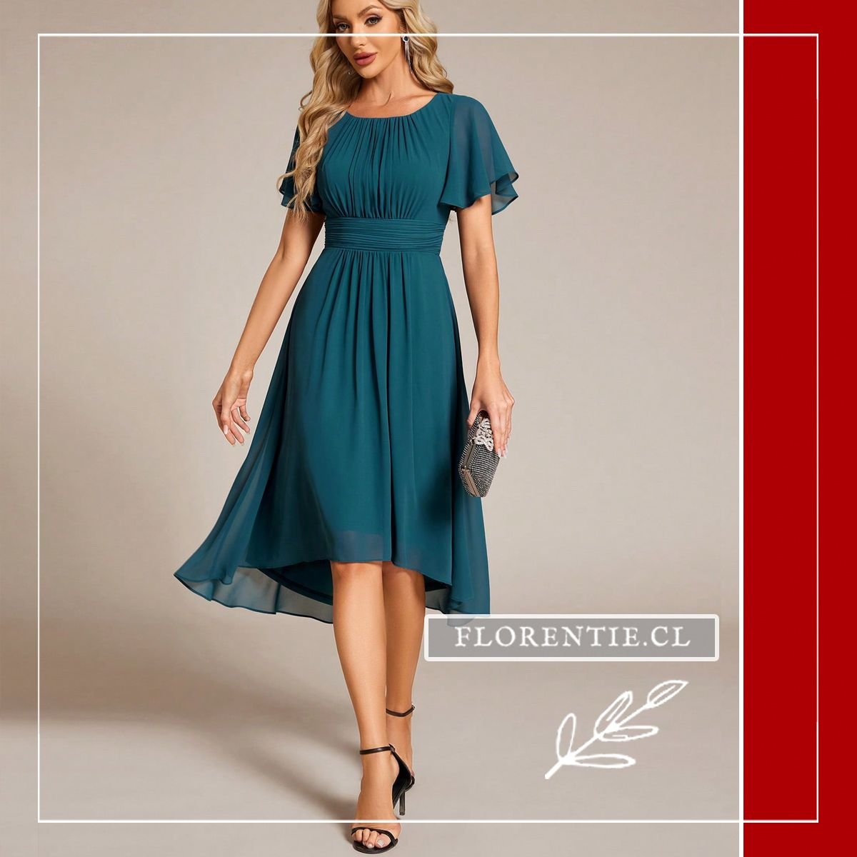 Modelo posando con clutch plateado, destacando el vestido verde petróleo asimétrico para eventos de día.