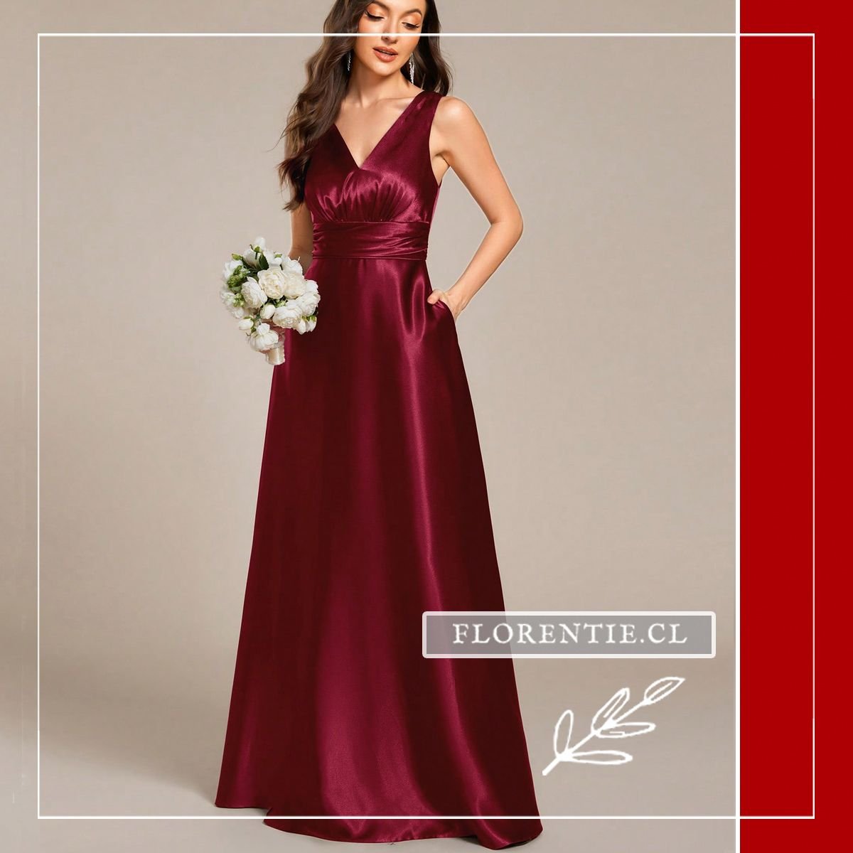 Modelo mostrando la funcionalidad de los bolsillos laterales ocultos en la falda del vestido