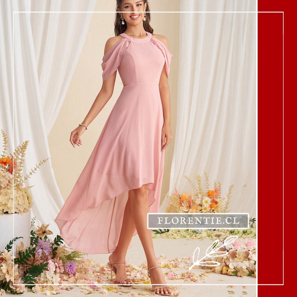 Modelo posando de frente mostrando la silueta high-low del vestido rosa pastel.