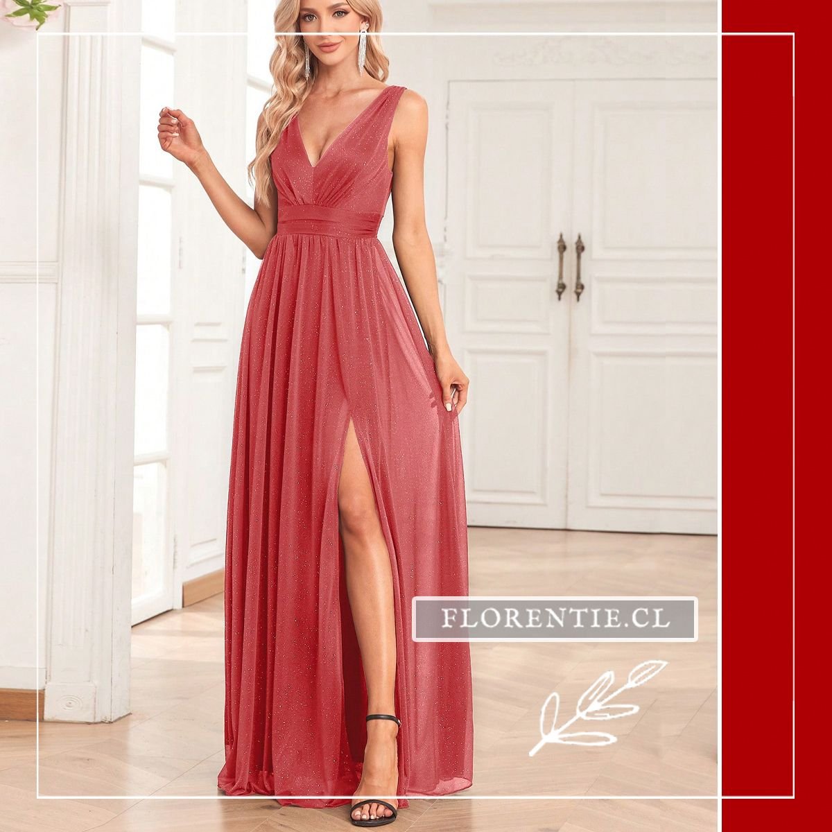 Modelo posando de frente con una mano en la falda, destacando la elegancia del vestido para eventos formales.