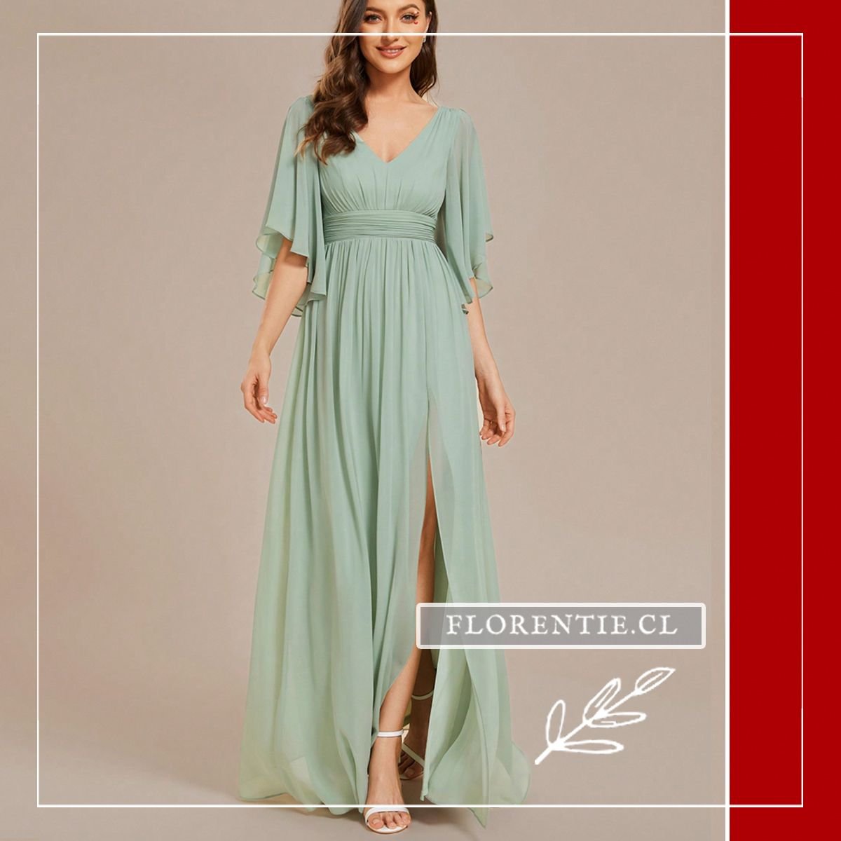 Vista frontal de vestido verde salvia mostrando la abertura en la falda y mangas con vuelo.