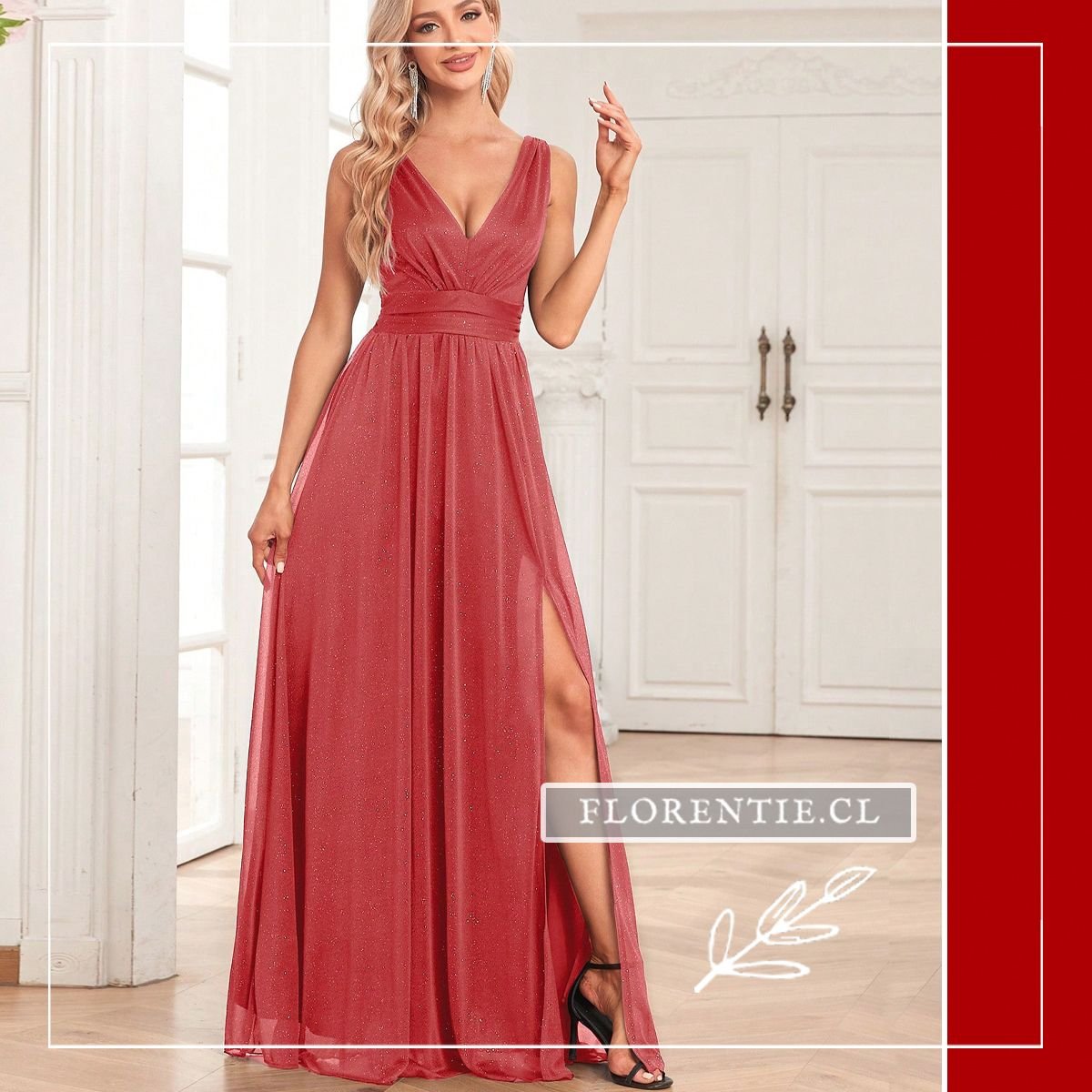 Vista frontal completa del vestido palo de rosa destacando la textura brillante del tul y la abertura en la falda.