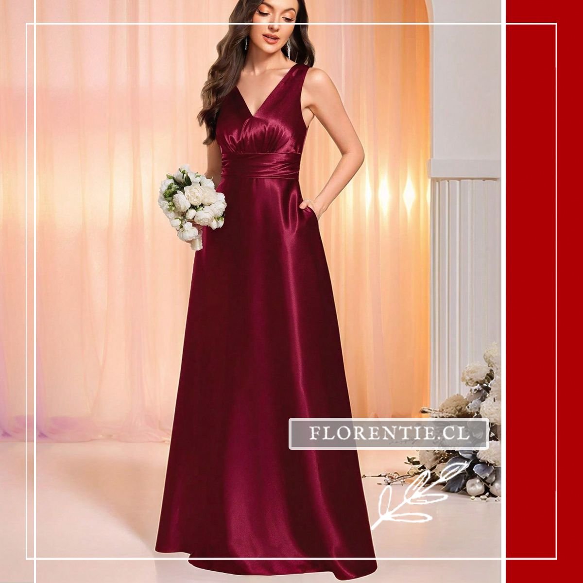 Mujer luciendo vestido largo de satén color burdeos en un entorno de salón elegante.