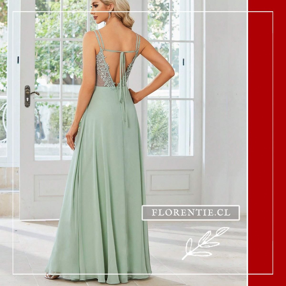 Modelo de espaldas mostrando el panel de tul bordado con flores y la caída elegante de la falda en color verde suave.