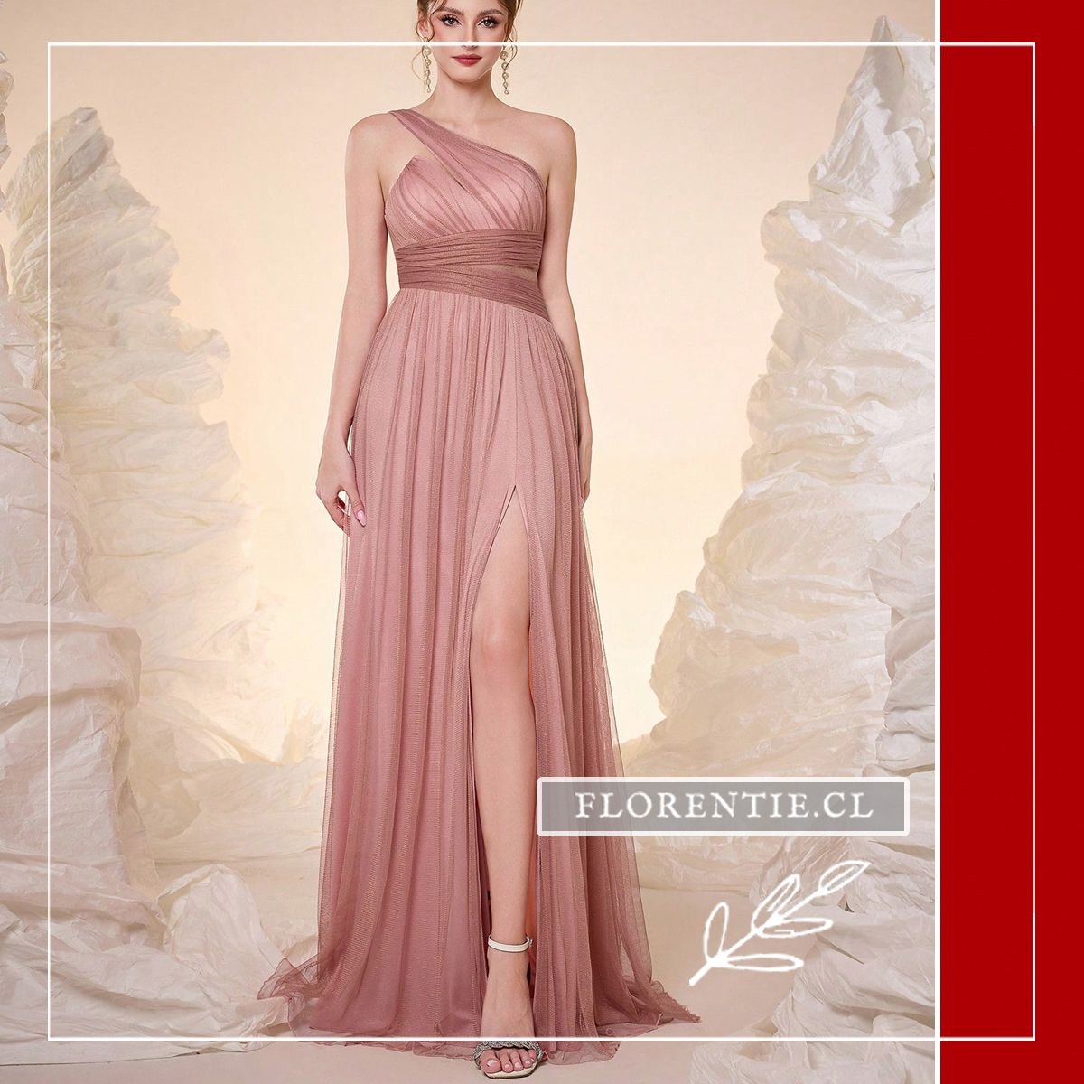 Vestido elegante para madrina o dama de honor en color rosa brillante y corte asimétrico.